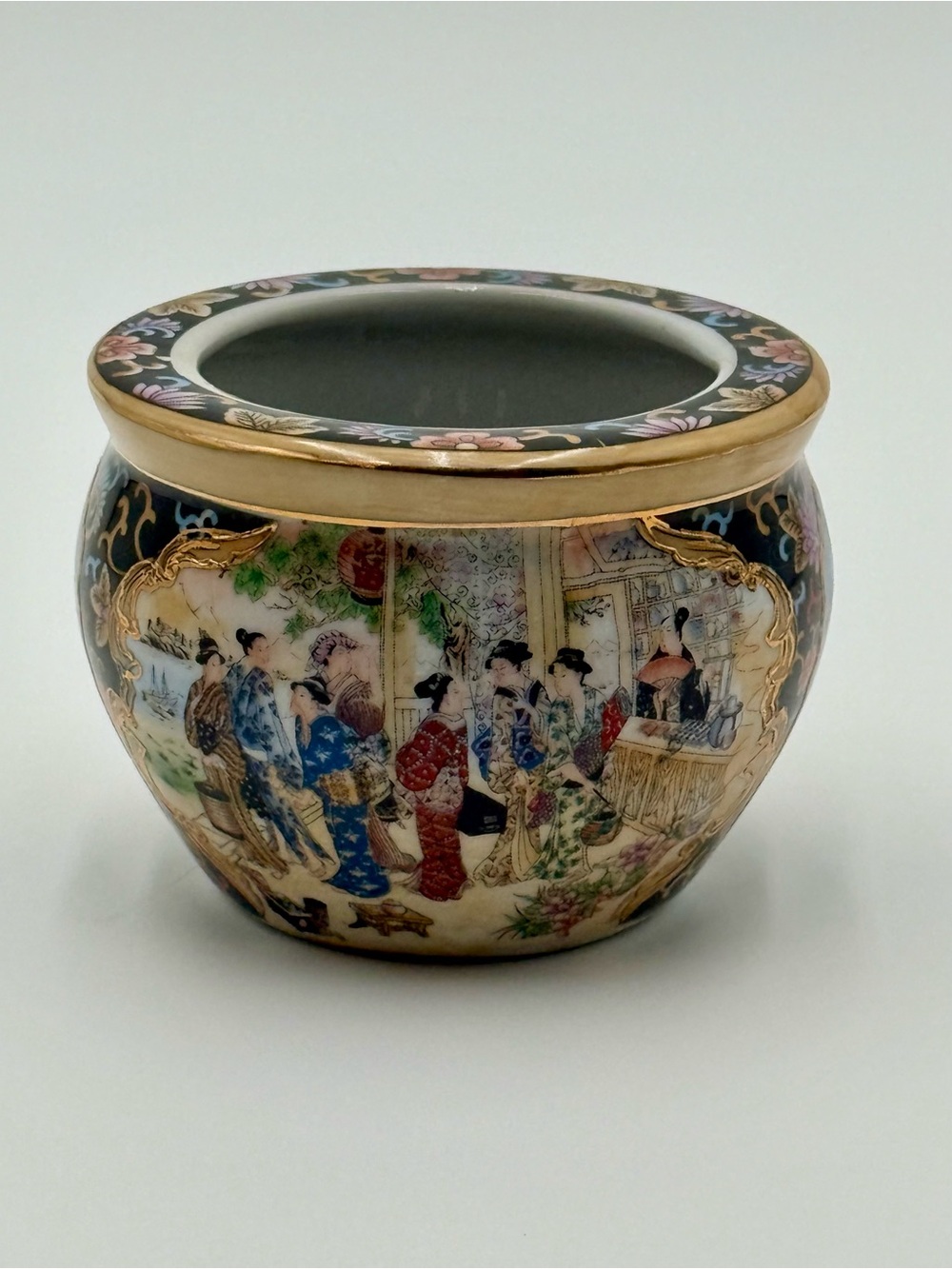 Vintage TM Gold Satsuma Porcelain Planter Cachepot Geisha Floral Asian Decor